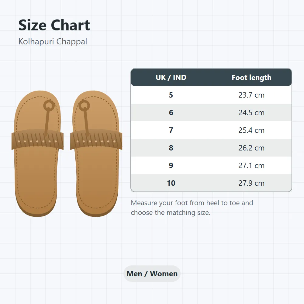 Kolhapuri Chappal: size and dimensions
