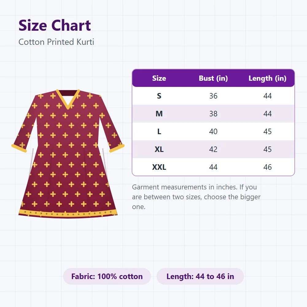 Cotton Printed Kurti: size and dimensions