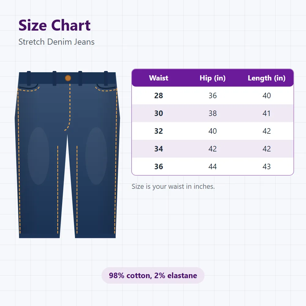 Stretch Denim Jeans: size and dimensions