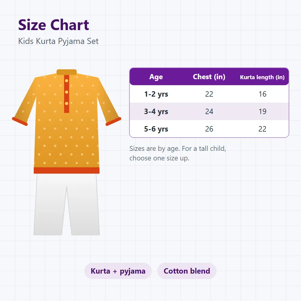 Kids Kurta Pyjama Set: size and dimensions