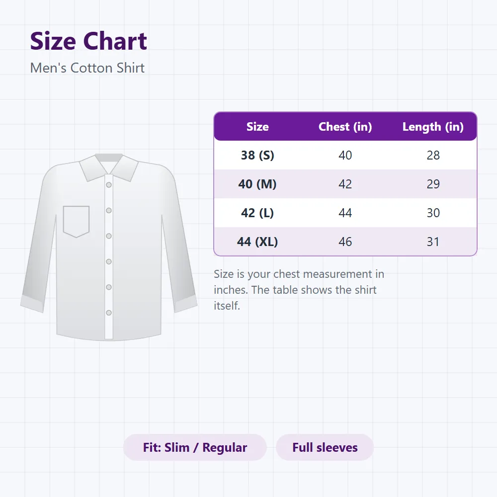 Men's Cotton Shirt: size and dimensions
