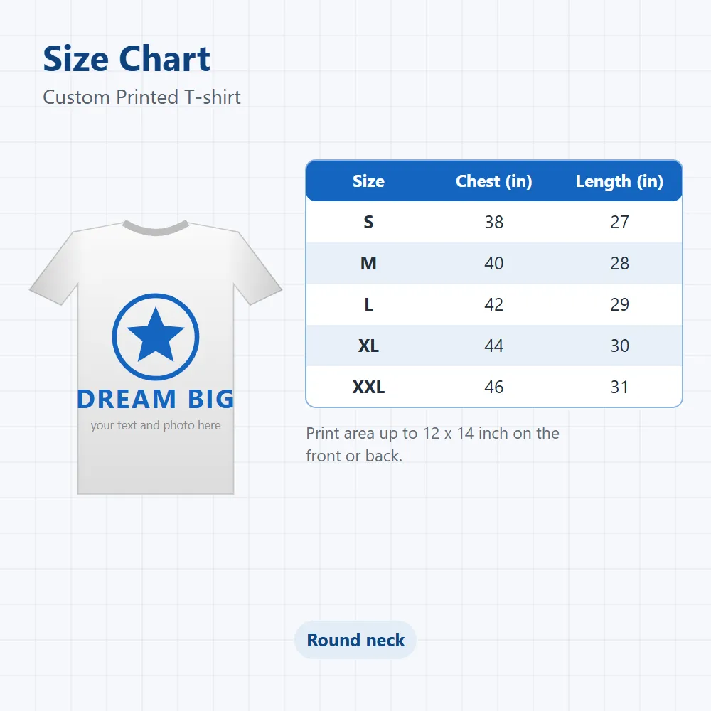 Custom Printed T-shirt: size and dimensions