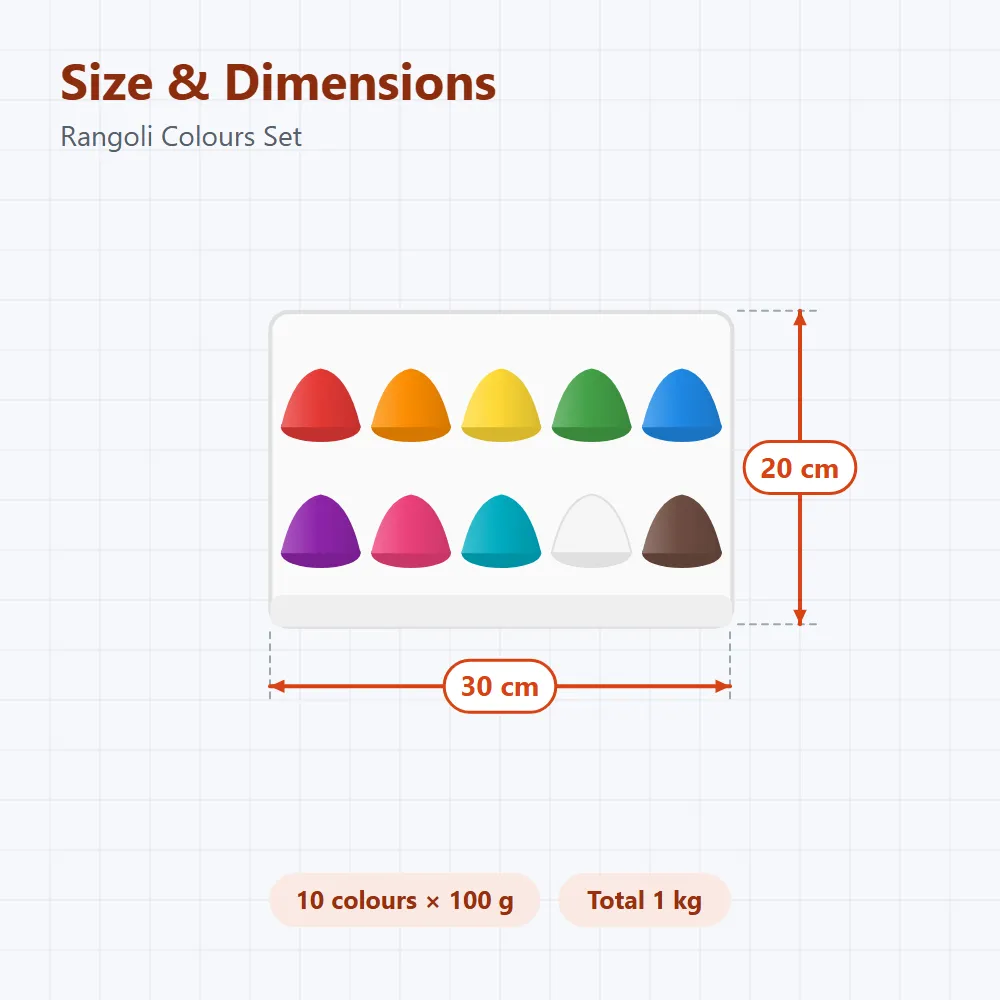 Rangoli Colours Set: size and dimensions